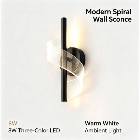 Applique murale spirale moderne, applique LED tricolore 8W, éclairage d'ambiance, convient aux chambres, bureaux et salons. (1/4)