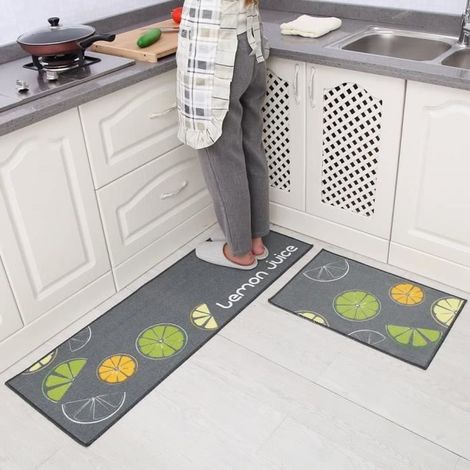 Tapis - Antidérapant - Lavable en Machine - 2 Pièces - Gris - Cuisine Rectangulaire (1/4)