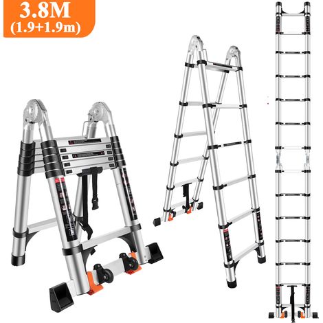Scala Pieghevole Telescopica in Alluminio da 3,8 M con 2 Rotelle (1,9 M + 1,9 M), Scala Pieghevole Multifunzione con Carico di 150 Kg, Nero Argento