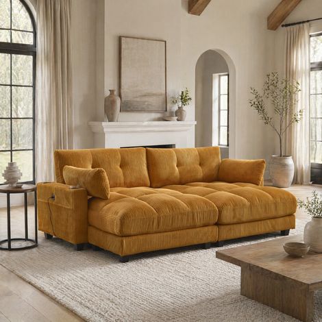 Sillón lounge 140/112/81 cm amarillo mostaza con portavasos, USB y bolsillos laterales (1/5)
