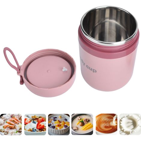 Conteneur isotherme 500ml rose nordique avec cuillère pliable - idéal pour bureau, école et repas chauds