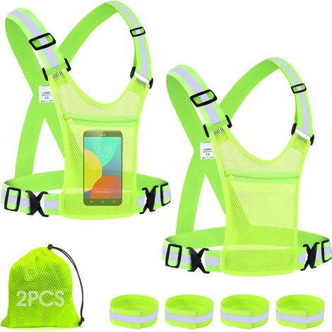 2 Pièces Gilet de Sécurité vélo +4 Pièces Bracelets de Sécurité, Harnais de Reflechissant Réglable Gilet Fluorescent Unisexe pour La Course, Le Vélo, La Moto Mit Poche (1/5)