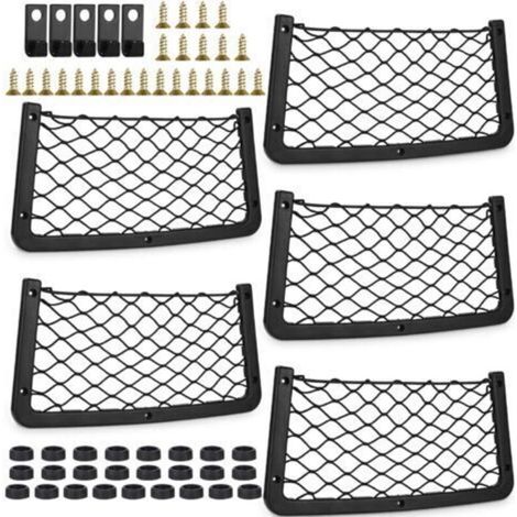 Set di 5 reti portaoggetti per auto, 5 ganci, 25 viti e 25 tasselli in plastica, rete portaoggetti per bagagliaio 36 x 18 cm, grande capacità, organizer per bagagliaio, stoccaggio per auto e barche