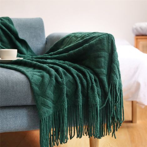 Manta de punto con flecos y pompones, color liso, ligera y suave, funda decorativa para sofá, cama o banco, 170 x 130 cm, verde. (1/5)