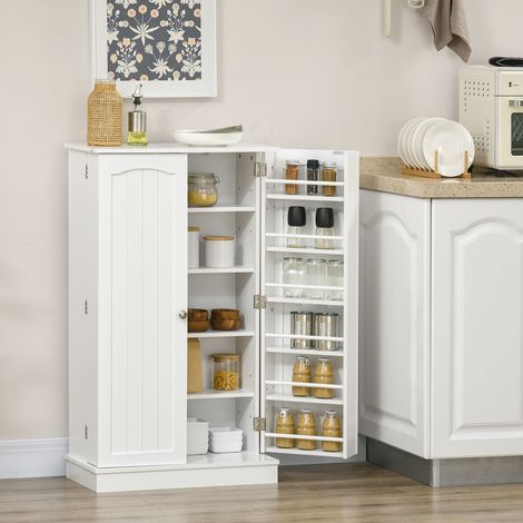 Armoire meuble de cuisine garde-manger 2 portes avec 5 étagères et 12 porte-épices - 60 x 30 x 104 cm - blanc