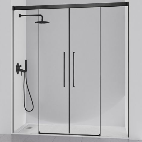 KASSANDRA PAVÍA Mampara Frente Ducha 2 Fijo + 2 Puertas Correderas Negro Transparente - Medida: 156-160 CM - ref: AI1000516S200156