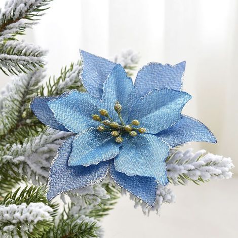 Décorations de Noël, fleurs de Noël artificielles, accessoires pour couronne de sapin de Noël, petites fleurs à bordure dorée, accessoires de décoration pour sapin de Noël, 1 petite fleur bleue.
