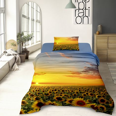 Completo Letto Lenzuola 100% Cotone Set Lenzuolo Moderno Sotto Sopra Federe Due Stampe In Altissima Definizione Dis73girasoli - Una Piazza e Mezza (1/5)