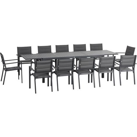 Ausziehbare Gartenlounge aus Aluminium mit 12 stapelbaren grauen Textilene-Stühlen, 8-12 Personen