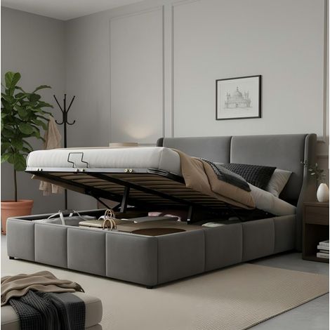Cama doble tapizada moderna 140x200 cm de terciopelo gris con cabecero de orejas, cojín y arcón hidráulico (1/5)