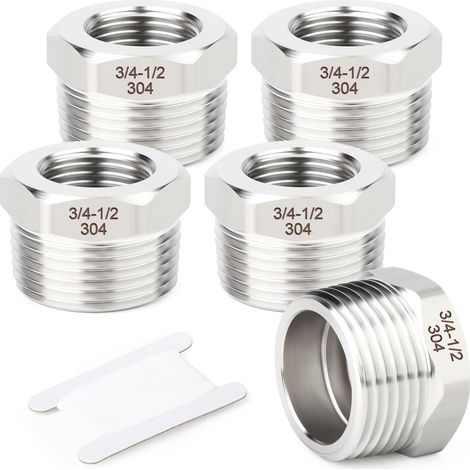 5pcs 304 Stainless Steel Hexagonal Reducer 3/4" BSP Male x 1/2" BSP Female Pipe Reduction Adapter for Water, Oil, Air and Gas (1/5)