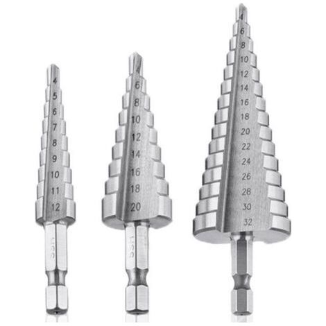 Foret Etagé, Foret Fraise Metal HSS 3PCS SKU00468 Meche Etage Perceuse Acier Fraise Forage Conique Triangle (1/4)