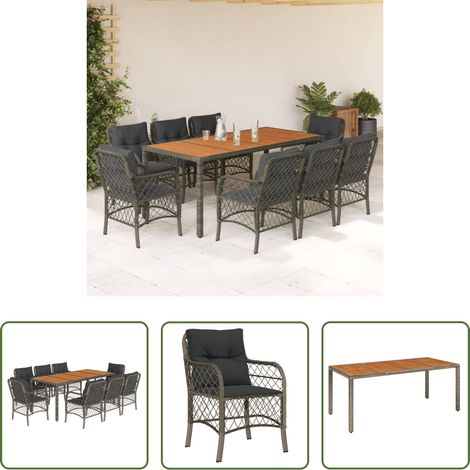 Gartenessgruppe - 9-tlg. Garten-Essgruppe mit Kissen Grau Poly Rattan (1/5)