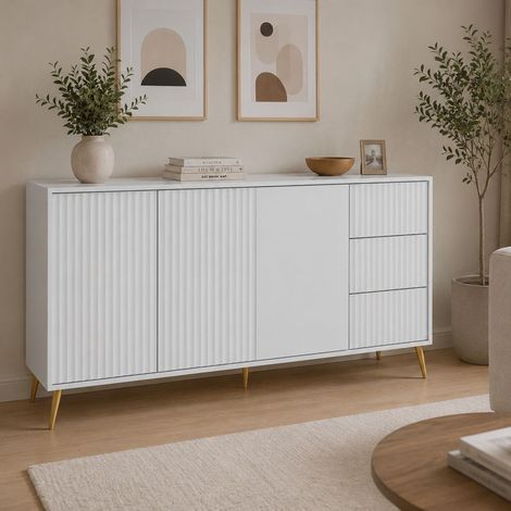 Credenza Lenasi, Anrichte 3 Schubladen, 2 Regale, Flügeltür, Schiebetür, 179x40x98h cm Weiß (1/3)
