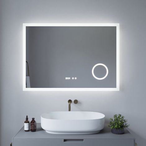 LED Badspiegel 100x70cm Badezimmerspiegel Touch-schalter Wandmontag Lichtspiegel Wandspiegel mit Kaltweißer 6400K Beleuchtung, Beschlagfrei, Digitaluhr, 3-Fach Vergrößerung Kosmetikspiegel ECHOS Typ-D (1/5)