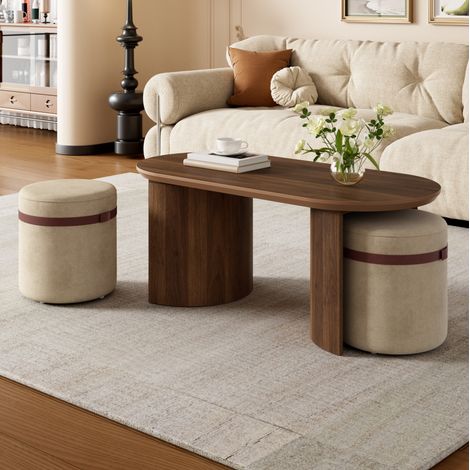 Set tavolino da caffè 108x50x44 cm con 2 pouf, salvaspazio, piano in MDF, pino, noce (1/5)