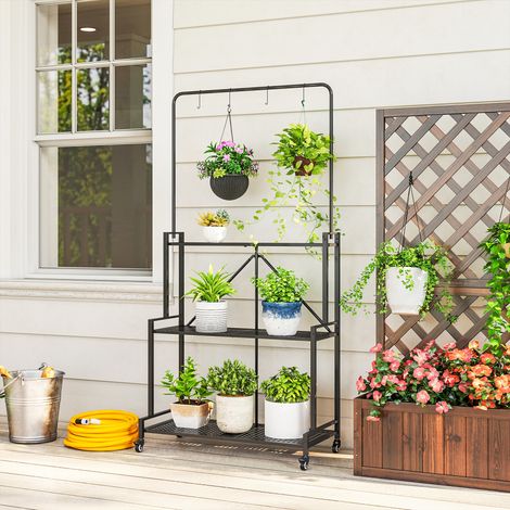 Support pour plantes à 3 niveaux avec roulettes noir étagère à fleurs pliable en métal avec 4 crochets 84x40.5x174cm aménagement intérieur
