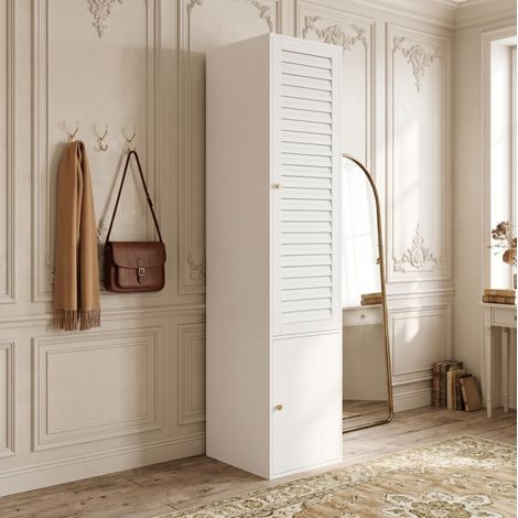 Armadio alto 45x50x200 cm, anta a persiana, 3 vani e asta appendiabiti, pannello truciolare bianco (1/5)