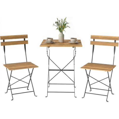 Ensemble de Salon de Jardin Bistrot 3 Pièces, 2 Chaises Pliantes, Table Carrée en Bois d'Acacia, 55x55x71cm, Naturel