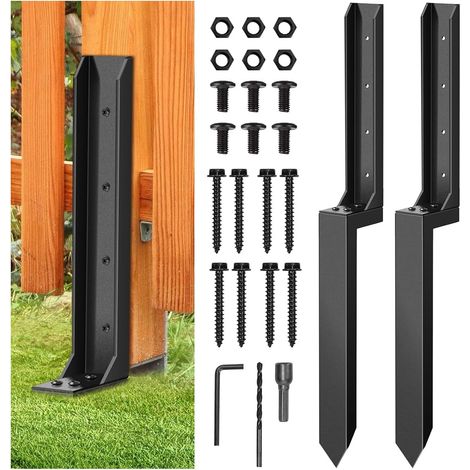 Lot de 2 piquets de réparation robustes en acier pour poteaux de clôture, kit de réparation avec clous, perceuse et piquets de renforcement pour clôture de jardin. (1/5)