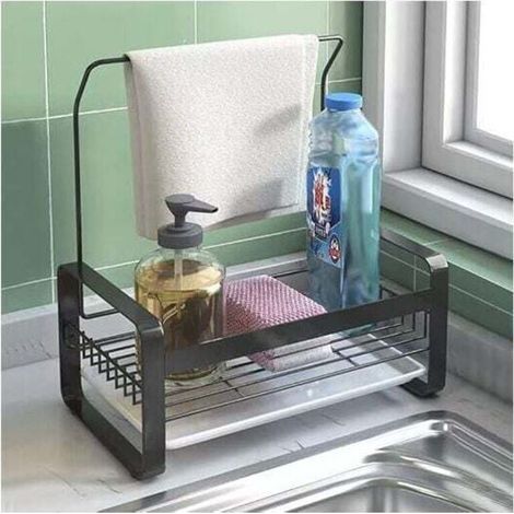 Porte Eponge d'Evier Inoxydable avec Porte-Serviettes,Panneau Amovible pour Ranger s à Vaisselle,éponges à Vaisselle et Liquide Vaisselle (Noir Large), (1/5)