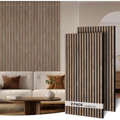 Panneaux Muraux en Bois-2 Pièces 120 x 60 x 1,8 cm(1,44m²) Panneaux Acoustiques,Panneau Mural en Lattes de Bois, Panneau Mural Insonorisant pour Maison, Bureau et Studio Noyer Clair (1/5)