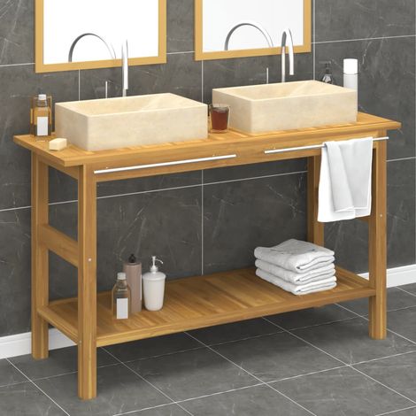 Armoire de salle de bain et lavabos - Meuble de rangement en marbre crème Teck massif BV461307 - BonneVie (1/5)