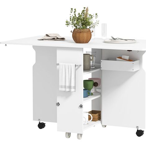Tavolo a Ribalta Pieghevole con Ripiani a 3 Livelli, Box e Rotelle, in MDF, 130x80x76.5 cm, Bianco