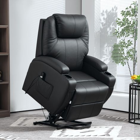 Fauteuil inclinable électrique avec fonction de levage, télécommande, porte-gobelet, poche latérale, repose-pieds, similicuir, noir (1/5)