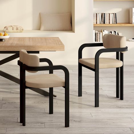 Lote de 2 sillas de comedor, sillas de mesa ESMA de metal negro y terciopelo gris topo con reposabrazos (1/5)