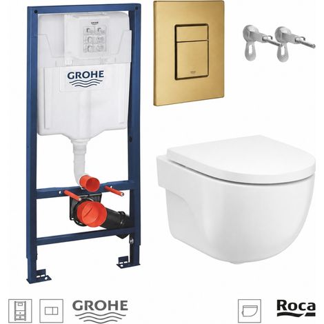 Pack WC inodoro suspendido con bastidor GROHE Rapid SL y pulsador skate oro cepillado y inodoro ROCA Meridian blanco 48 cm (1/5)