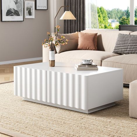 Modernluxe - Table basse moderne 100x50x40 cm - 2 tiroirs - Motif vague - MDF + panneaux de particules - Blanc (1/5)