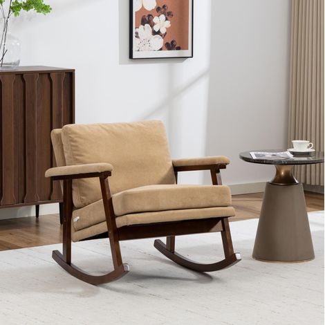 Sillón balancín de terciopelo, madera clara, con cojín lumbar HAVRYA (1/5)
