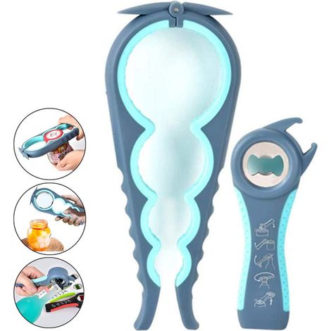 Kit abridor de frascos y botellas multifuncional 5 en 1 y 4 en 1, fácil de usar para niños, personas mayores y personas que padecen artritis. (Azul) (1/5)