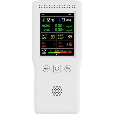 9-in-1-Luftqualitätsmonitor: CO₂, CO, PM2,5, HCHO, TVOC, Temperatur, Luftfeuchtigkeit, Raumluftqualität, LCD-Display – Weiß