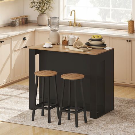 Barra de cocina tipo isla con 3 estantes para sala de estar y salón, 113x60x90 cm, color negro y madera. (1/5)
