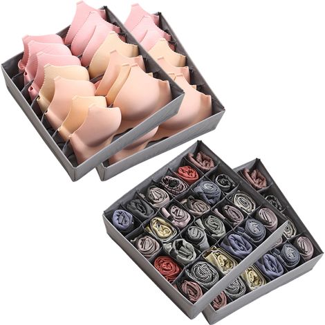 Lot de 4 boîtes de rangement : 2 boîtes à sous-vêtements à 7 compartiments et 2 boîtes à chaussettes à 24 compartiments. Séparateurs de tiroir pliables gris. (1/5)