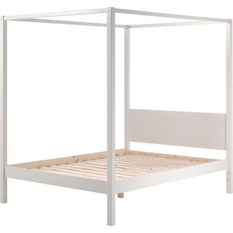Paris Prix – Lit à baldaquin en pin massif blanc 140x200cm – Sommier à lattes inclus – Dimensions L. 208 x l. 147 x H. 190 cm (1/2)