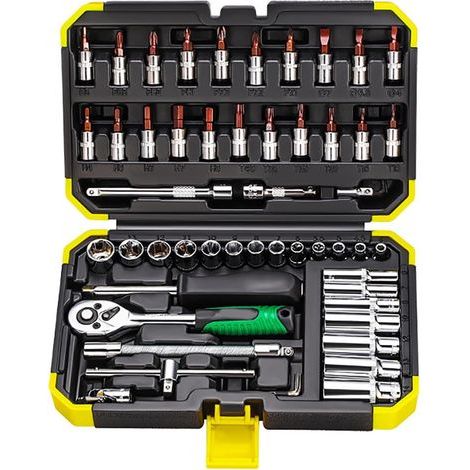 Komplettes Set aus 53 6,35-mm-Ratschenschlüsseln mit Verlängerung für effiziente Auto- und Haushaltsreparaturen. 24 Zähne. (1/5)
