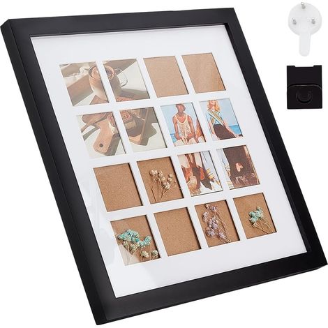 Cadre photo carré en bois noir pour 16 photos Cadre photo multiple avec fenêtre transparente pour table et montage mural -33.6x33.6x2cm (1/5)