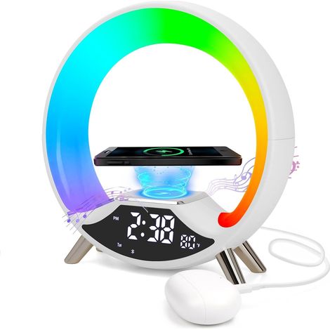Sveglia luminosa, caricabatterie wireless da 15 W, sveglia con simulatore di alba e altoparlante Bluetooth, radiosveglia, doppia sveglia, lampada da comodino regolabile con oltre 10 colori, bianco
