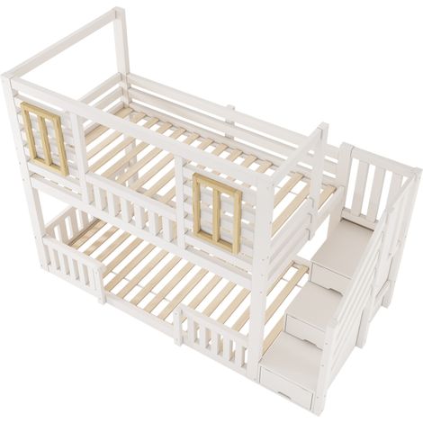 Letto a castello a casetta 90x200 cm bianco con scala contenitore, 2 posti letto (1/5)