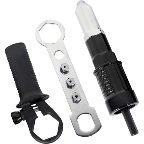 YMYNY Adaptateur de pistolet à riveter électrique Adaptateur de perceuse à riveter Outil d'écrou d'insertion de riveteuse avec tête de rivet de diamètre 2.4/3.2/4.0/4.8mm et clé à poignée noire (1/4)
