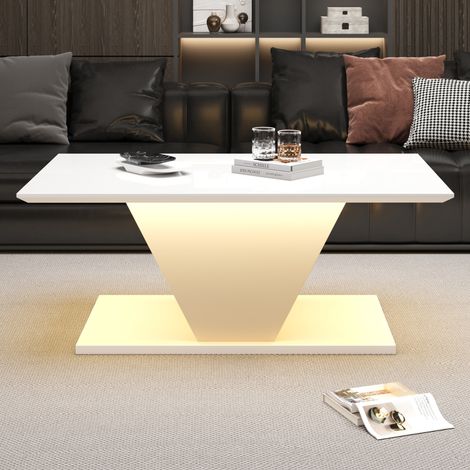 Mesa de centro 100x50x46 cm blanca en tablero de partículas con acabado brillante, LED y diseño en V (1/5)