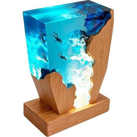 Resin lamp marine theme with wooden base, LED, 22 x 17 cm, for decoration (1/5)
