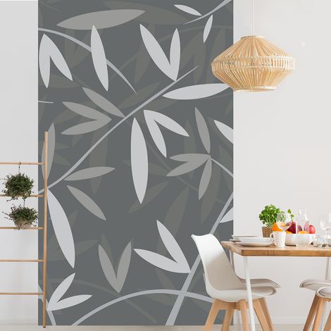 Papier peint intissé gris motif bambou, 250 cm X 150 cm, nuances de gris sur fond gris clair (1/2)