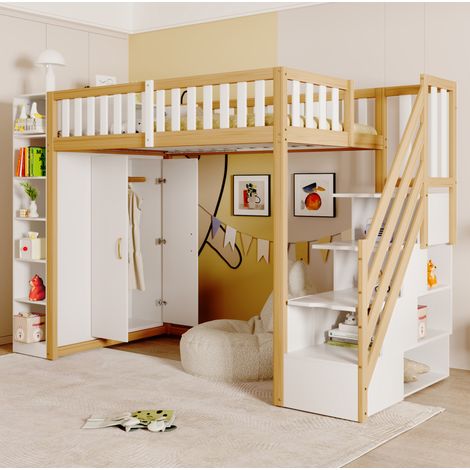 Letto rialzato bambini 90x200 cm con ripiani, vano portaoggetti, armadio e scala portaoggetti, senza materasso, bianco e legno (1/5)