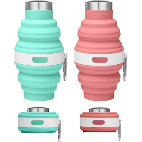 2-teiliges Set faltbarer Wasserflaschen, weiche Silikon-Wasserflasche mit Karabinerhaken, wiederverwendbarer, BPA-freier Campingbecher, auslaufsichere Wasserflasche für Reisen (Pink, Blau) (1/5)