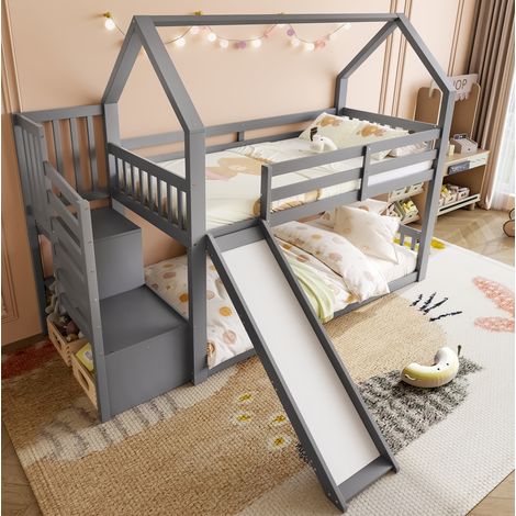 Letto a castello con scivolo e scala contenitore 253x183x175 cm, con sponde, in pino e MDF, grigio (1/5)