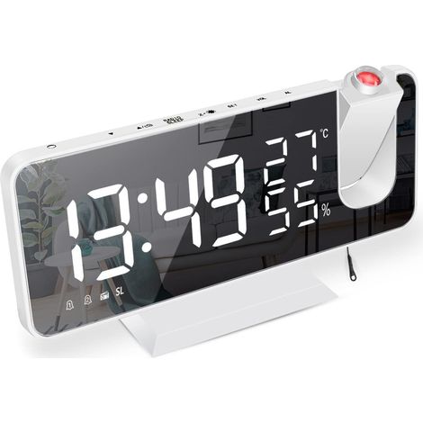 Radio Réveil Projecteur Cross-border Amazon - Affichage Grand Écran Température/Humidité - Horloge Électronique Digitale LED avec Alarme - Boîtier Blanc et Chiffres Blancs (1/5)